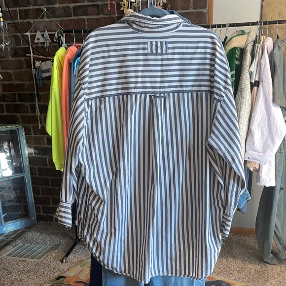 Free People menswear Freddy button down Navy Striped Shirt XL - Picture 5 of 8